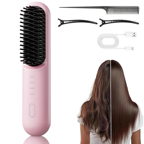 Go Brush-Pro for Short Hair Hair Straightener Brush Ionic & Ceramic Technology 4 Temperature Settings Anti-Frizz Styling (Pink)