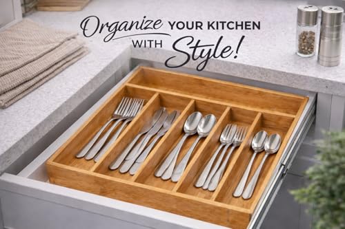 Image of YBM Home Bamboo Cutlery Tray Flatware Silverware Drawer Organizer with 5 Compartments, 338