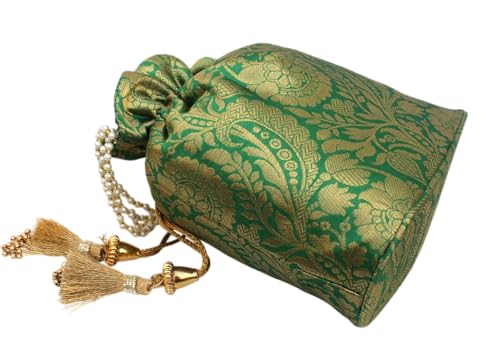Image of MILAN'S CREATION Banarasi Silk Brocade Potli Bag Purse With Base Drawstring Women's handbag with Pearl Handle & Tassel Weddings