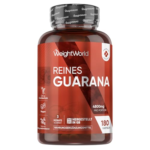 Guarana Kapseln - 4800mg Guarana Pulver pro Portion - 180 Kapseln - 3 Monate Vorrat - Vegan, Ohne Gentechnik & Laktosefrei - Alternative zu Tabletten, Pulver & Shot - WeightWorld