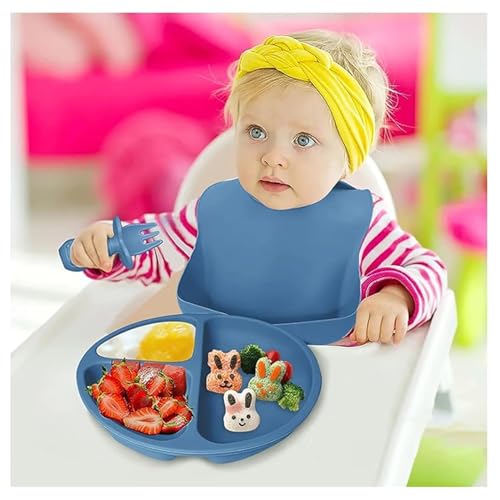 Image of Silicone Baby Feeding Set 6 Pieces with Suction Plate, Bowl, Adjustable Bib, Straw Cup, Spoon & Fork, BPA Free Baby Led Weaning Essentials - Blue