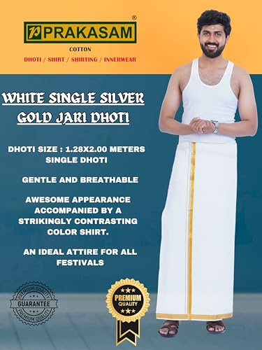 Image of PRAKASAM COTTON Mens Single White Dhoti with Jari Border Single Dhoti (1.28X2.00 mtrs)