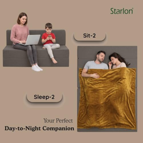 Image of Starlon 2 Seater Sofa Cum Bed Foldable 3-in-1 Sofa Bed with 1 Year Warranty, Washable Jute Fabric Cover & 2 Floral Pillows | Guest Bed | Coffee Brown 4x6 Ft