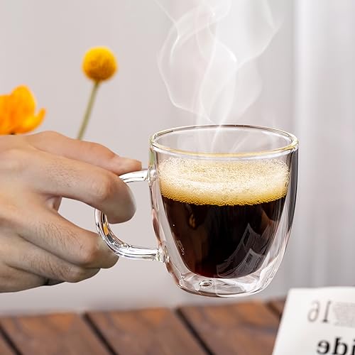 Stylusella Double Wall Glass Coffee Cups 5oz / 150ml, Set of 2 Insulated Coffee Mugs with Handles, Tazas de Café Con Estilo - Image 4