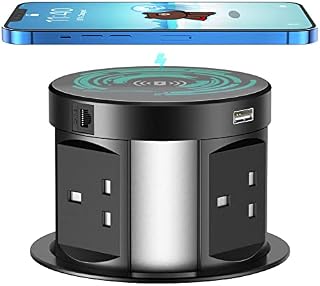 Automatic Pop up Outlets, THOWALL Pop up Power Socket with Wireless Charging 2 USB, 1RJ45 Port and 1 HDMI for Kitchen Worktops, Surge Protection 4 Outlets Power Strip, 3250W/13A