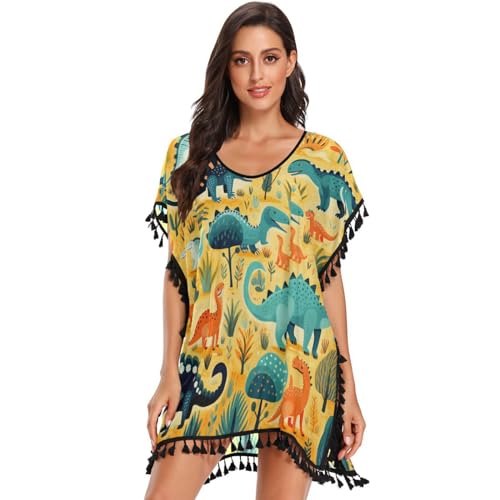 KAAVIYO Lemon Yellow Dinosaurs Women's Beach Cover Up Chiffon Tassel Swimwear Swimsuit Coverups for Girl