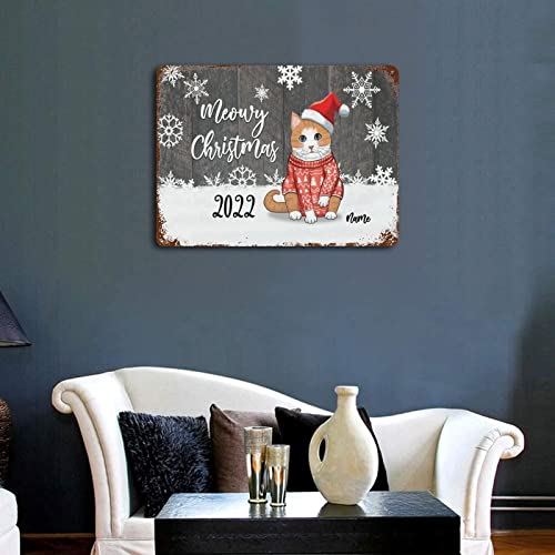 Wodevor Personalized With A Cat Metal Sign Wall Sign Meowy Christmas Cat Tin Plaque Plate Retro Vintage Funny Wall Decorations Accessories For Tiki Bar Man Cave Porch Speakeasy 12"X16" #TOP2