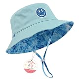 Toddler Bucket Hat 2-5 Years,Reversible Baby Sun Hat with Smile Face,UPF 50+ Sun Protection Cotton Hat,Adjustable Chin Strap for Boys Girls Beach Travel Blue