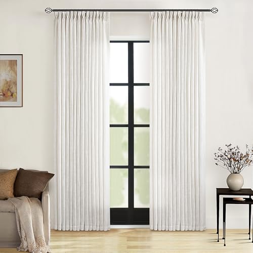 Image of Cream Ivory Linen Curtains 80 Inches Long 2 Panels Set for Living Room Bedroom Pinch Pleated Back Tab Drapes Neutral Modern Farmhouse Decor Semi Sheer 80 Inch Curtains for Dining Room Window Cabin