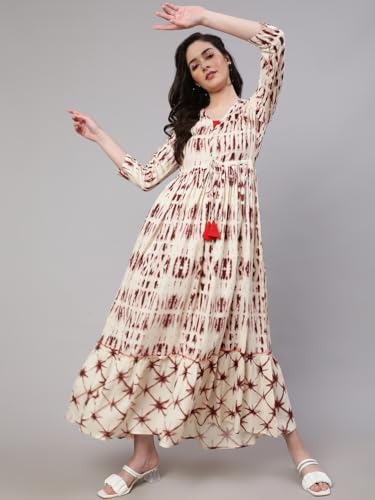 Image of Daevish Women's New Rayon Printed Tie-up Waist V Neck Flared Maxi Dress | Women Flared Dress