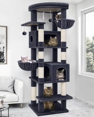 Globlazer Heavy Duty Cat Tree, 74in Sturdy Cat Tower for Large Cats Adult, Big Cat Tree with 7 Sisal Scratching Posts, 2 Padded Condos, 2 Dual-Ear Hanging Baskets, Enlarged Top Perch, S74, Dark Grey
