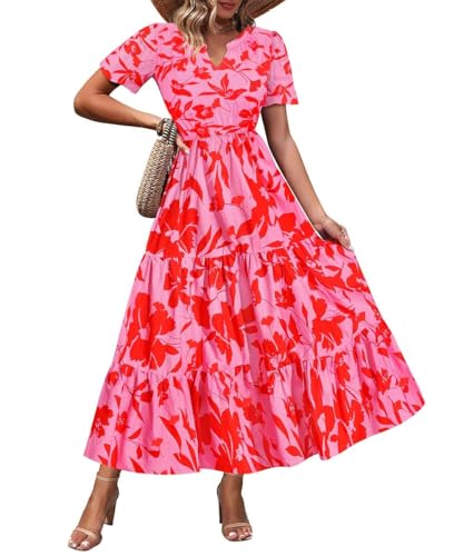 Image of TIYOMI Women Plus Size Dress Boho V Neck Short Sleeve Beach Maxi Dresses Floral /Stripe /Leaves /Lemon XL-5XL