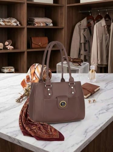 Image of Women's PU Leather Shoulder Handbag | Spacious 3 Compartment Tote Purse with Zip Closure & Multiple Pockets | Top Handle Office College Travel Handbag | 30 x 25 x 12 cm