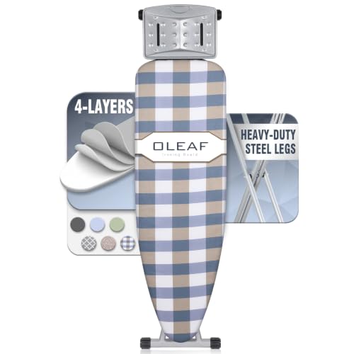 Image of oleaf Ironing Board with Cover and Thicken Pad Height Adjustable Full Size Foldable Iron Board with Iron Rest, Stable Steel Legs, Metal Construction, Heat Resistant, Blue and Yellow Checkered