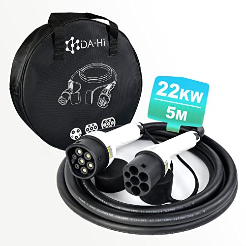 DA Hi EV Ladekabel Typ 2 22KW 5m 32A 3 phasig für Elektroauto und PHEV kompatibel mit ZOE Model 3/S/X/Y e-tron iX3 Taycan u.a., IP54 weiß/schwarz
