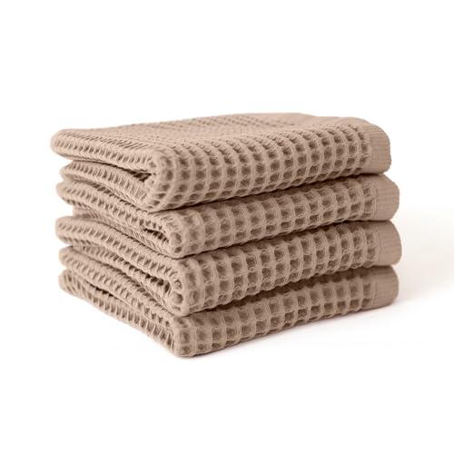 Viva Maison Premium Waffle Hand Towels Pack of 4 Extra Large 20x35 inch - 100% Turkish Cotton, Waffle Weave, Quick Dry, Lint Free, Super Absorbent, Thin Hand Bath Towel (Brown, Set of 4 Hand Towels)