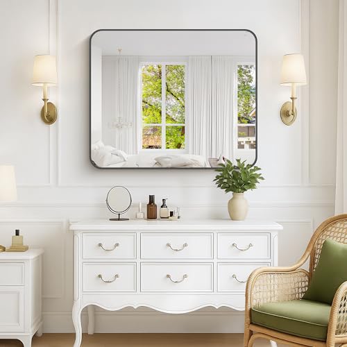Image of KOCUUY 30x36 Inch Rectangle Bathroom Mirror with Black Metal Frame,Modern Design of Wall Mounted Upgraded Shatterproof Glass, Rounded Corners for Bedroom, Living Room, Entryway