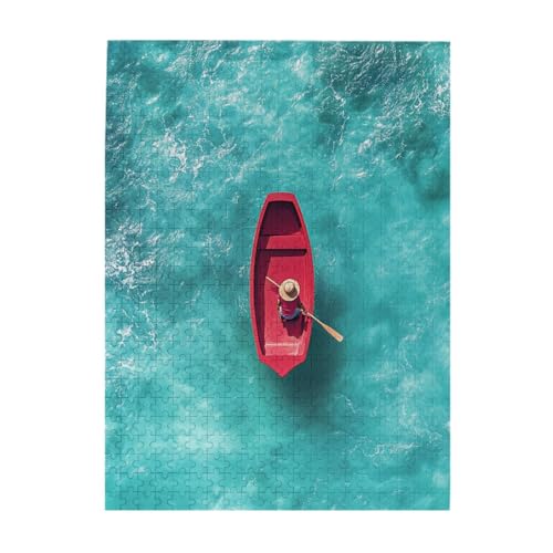 RMYRHQ Aerial View of Red Boat in Turquoise Ocean Wooden