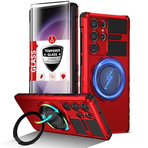 IYTRRYH for Samsung Galaxy S23 Ultra Case Magnetic Compatible with Wireless Charging,Phone Case with Screen Protector,Built-in Kickstand Ring Military Grade Drop Shockproof Heavy Duty Protection Red