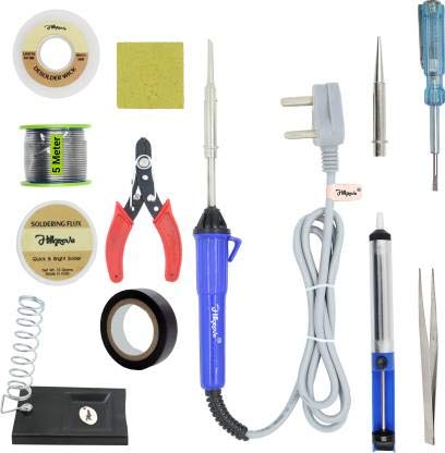 Image of Hillgrove 12in1 Complete 25W Soldering Iron Kit with 5 Meter Solder Wire, Scrub, Pump, Cutter, Tester, Tweezer, Tape, Bit, Simple (Flat, Pointed Tip)