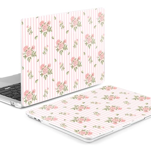 Image of MEEgoodo Case for M5 /M4 /M3 /M2 MacBook Air 13 inch 2026 2025 2024 2022, Fit Model A3449 /A3240 /A3113 /A2681, Case Compatible with MacBook Air 13.6-inch, Pink Stripes&Roses