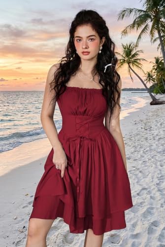 Image of Scarlet Darkness Corset Mini Sundress Chiffon Homecoming Dress for Women | Slim Straps, Ruched Neckline, Lace-Up Front, Layered A-Line, for Graduation Cocktail Party, Fairy Costume with Pockets