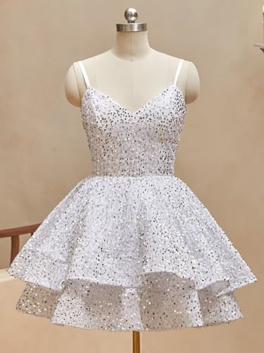 Short Homecoming Dresses 2025 Sparkly Sequin Tiered Ball Gown Spaghetti Straps V-Neck Corset Prom Dress2