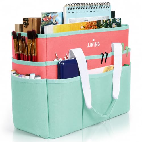 Image of JJRING Craft Organizer Tote Bag Large Art Storage Caddy Green and Orange | With Multiple Pockets For Sewing, Scrapbooking, School, Medical, And Office Supplies