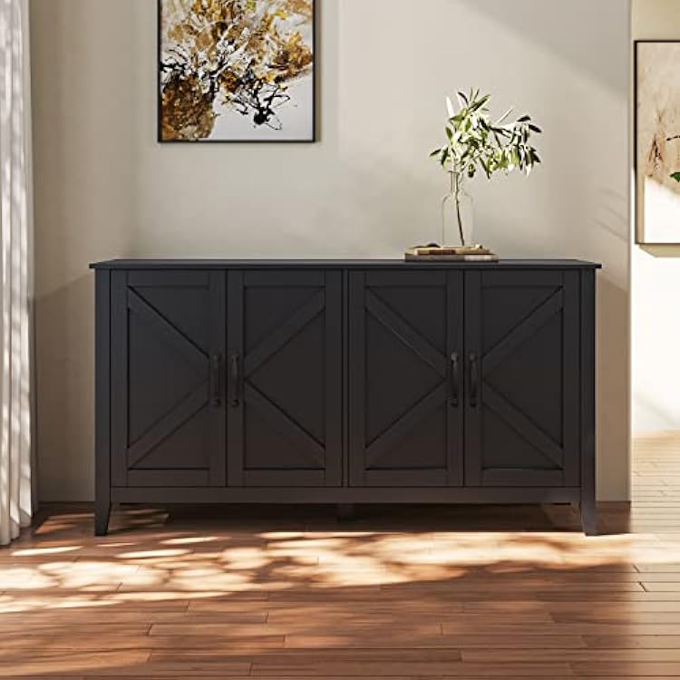 Wood Buffet Sideboard Server Storage Cabinet Console Table with 4 Doors Storage and Adjustable Shelves, 59'' Farmhouse Distressed Decorative Cabinet Cupboard for Entryway Kitchen Dining Room