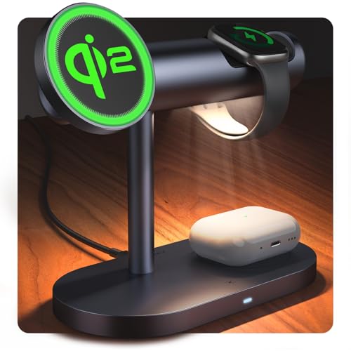 iVANKY 4 in 1 Qi2 Certified Wireless Charger Stand for iPhone 17e, Night Light for MagSafe Charging Station, 25W Charge for iPhone 17/16/15/14/13/12/11 Plus/Pro/Max,Apple iWatch, Airpods Pro