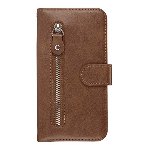 RuiJinHao iPhone 11 Pro Flip Case Leather Cover Extra-Protective Business Card Holders Wallet Cover Kickstand Money Zipper Design Btton Card Slot (Brown)