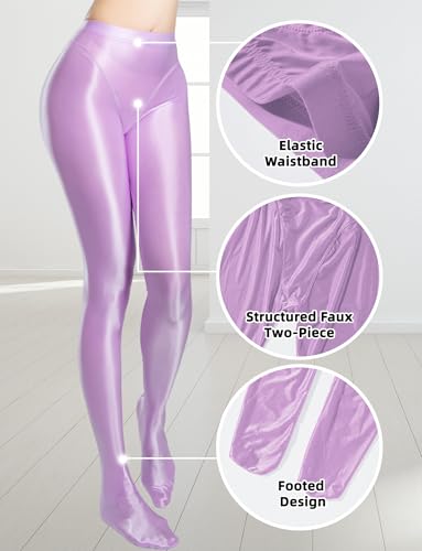 Image of FEOYA Women's Open Crotch Oil Shiny Pantyhose High Waist Control Top Silky Oily Crotchless Footed Tights Stockings