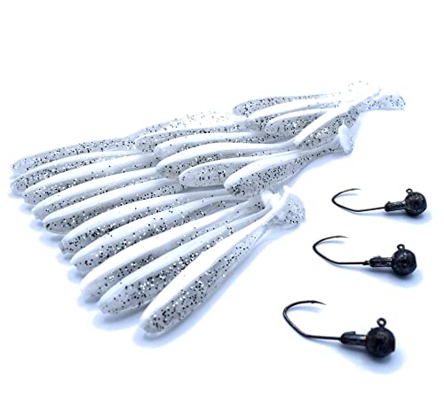 trifyd ® Fishing - Leurres Souples shad de 7,5 cm pour Truite et Petits carnassier, Le Pack de 20 leurres de pêche + 3 têtes plombées (Blanc pailleté) Cover