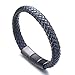 Halukakah Kids ● Jazz Junior ● Boy's Genuine Leather Handmade Braid Black Mix Blue Bracelet 13-16 Y/O. Titanium Magnetic Matt Clasp Size Adjustable 7