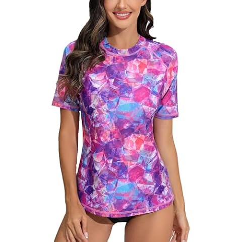 Halcurt Women's Short Sleeve Rash Guard Swimsuit Top with Built in Bra Swim Shirt UPF50+ Quick Dry Bathing Suit Purple Geometric S Cover