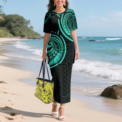 Image of Puletasi Samoan Traditional 2 Piece Outfits for Women Short Sleeve Crop Top and Maxi Skirt Sets Puletasi Dress