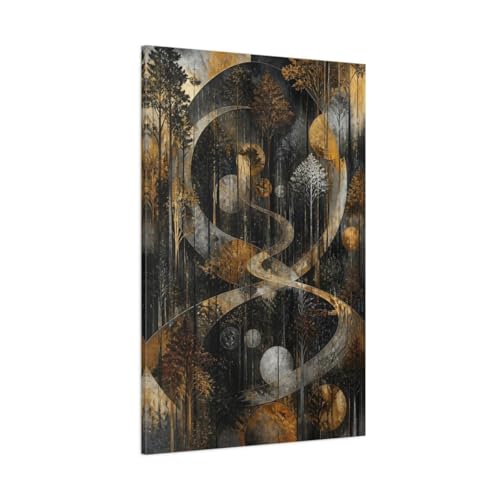 Décoration murale salon avec grand tableau abstrait forêt au-dessus de la console