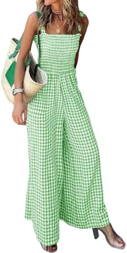 ebossy Women's Casual Plaid Gingham Wide Leg Jumpsuits Spaghetti ...