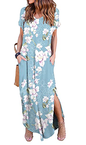 Image of GRECERELLE Women's Summer Maxi Dress Casual Loose V Neck Short Sleeve Side Split Long Dresses with Functional Pockets