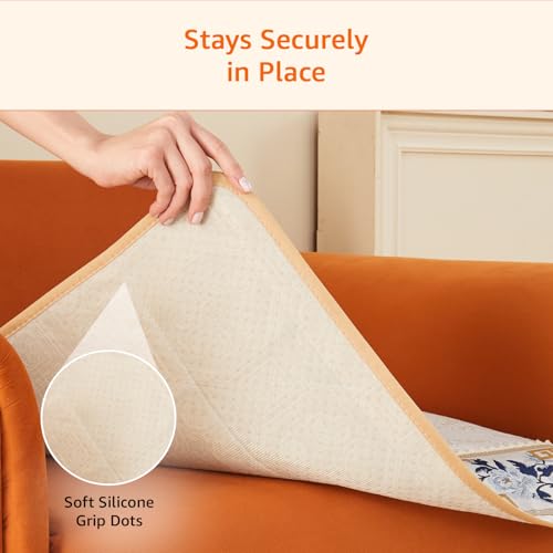 Image of Amazon Basics Jacquard Sofa Cover for Single Seater, Smooth Plain Weave, Non-Slip Sofa Pad, 70x70 cm, Soft Silicone Grip Dots, 100% Polyester, Machine Washable - Grey