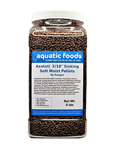 Axolotl Food 3/16\" Soft Moist Sinking Rangen Salmon Pellets for Adult Axolotl also Shrimp, Snails, Crabs, Crayfish, Bottom Tropical Fish...5-lb Lg Jar