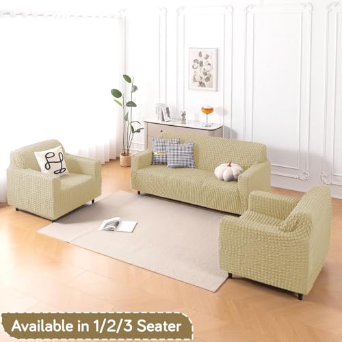 Image of HOKIPO 'Aria Nova' Elastic 280 GSM Stretchable 3 Seater Bubble Sofa Cover, Beige (NEW-AR-6210-BGE)
