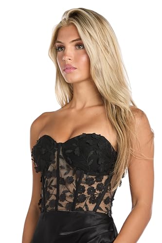 3D Floral Corset Top Gown W/Satin Skirt, Spaghetti Straps & Tie Back2