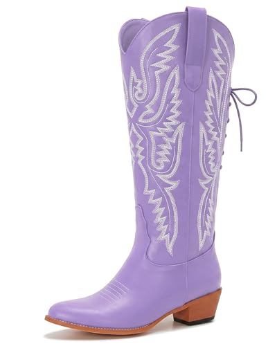 Image of Uillnoodu Wide Calf Cowboy Boots Women Adjustable Lace Up Knee High Tall Plus Size Cowgirl Boots Western Style Comfortable 2-Inch Heel