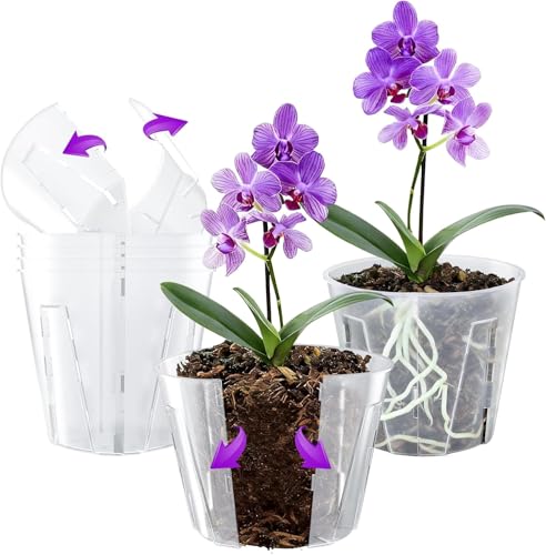Bonviee 6 Packs Side-Open Orchid Pots for Easy Repotting 13cm, Clear Plastic Breathable Slotted Flower Plant Nursery Planters with Drainage Holes for Optimal Root Health Indoor