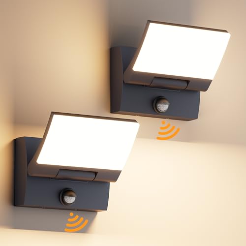 Migliori applique da parete potenti e molto luminose K-Bright 2 pezzi 30W LED Applique Esterno/Interno con Sensore di Movimento, Lampade da Parete Orientabile IP65 Applique da Parete in Alluminio per Giardini Terrazza, Antracite, Bianco caldo 3000K