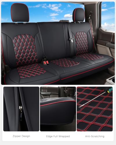 Image of Huidasource F150 Rear Seat Covers, Split Back Leather Seat Cushion Cover Fit for 2015-2026 Ford F150 SuperCrew & 2017-2026 F250 F350 F450 Super Duty Crew Cab Pickup Truck (Back Row /Black&Red)
