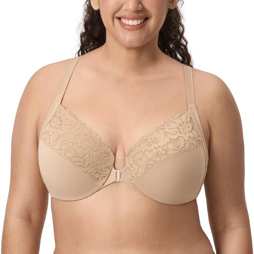 Image of DELIMIRA Women's Front Closure Racerback Bras | Plus Size, Full Coverage, Lace, Underwire, No Padding Unlined