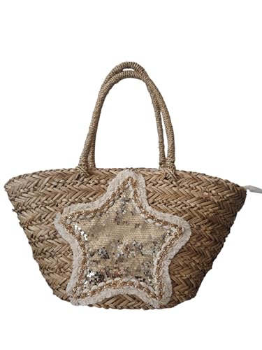 Genérico Bolso de Playa de Paja con Estrella de Lentejuelas, 56x30 cm, Hecho a Mano, Asas Largas, Cierre con Cremallera