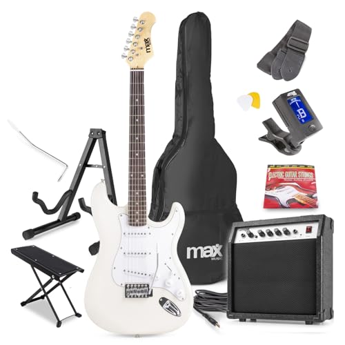 Max Gigkit White Electric Guitar Starter Pack - Complete Beginner Electric Guitars Kit with Amplifier, Guitar Stand, Footstand & 6 Months Lessons - Ideal for Beginner Guitars